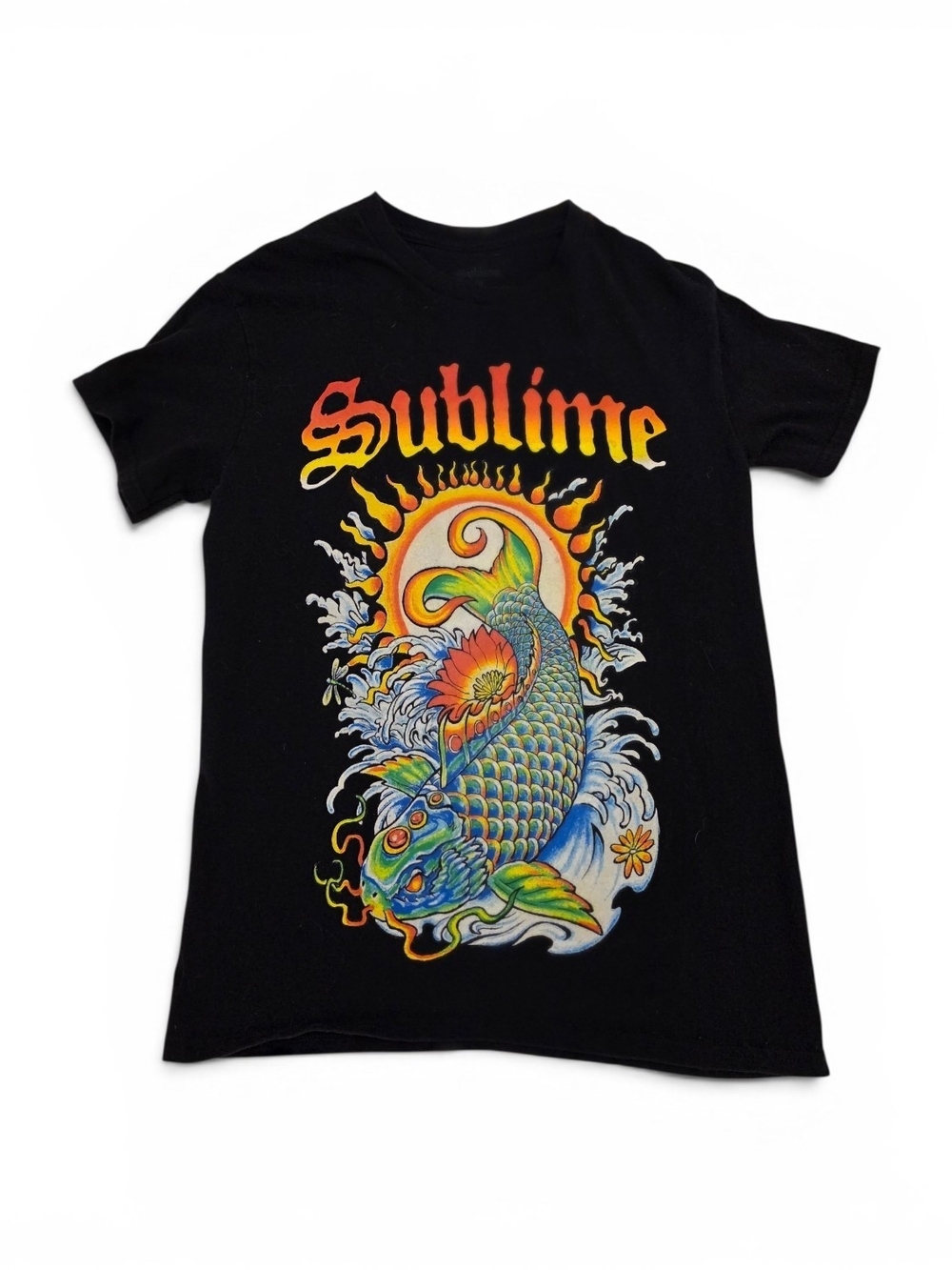 Sublime Black Graphic Tee with Vibrant Koi Sun Design